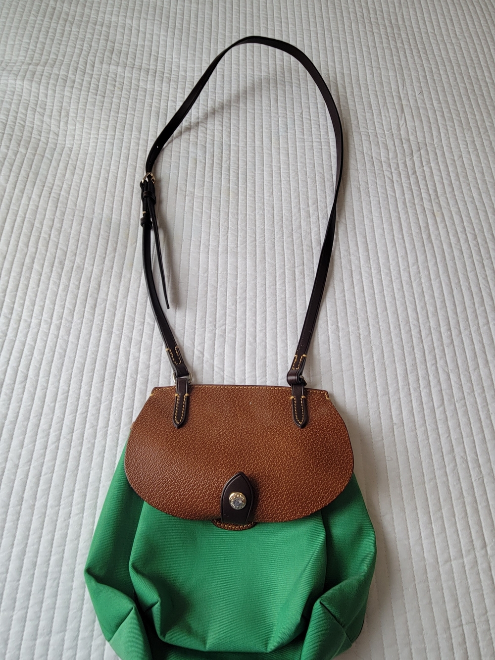 Dooney & Bourke Green Canvas Crossbody with Brown Leather Flap